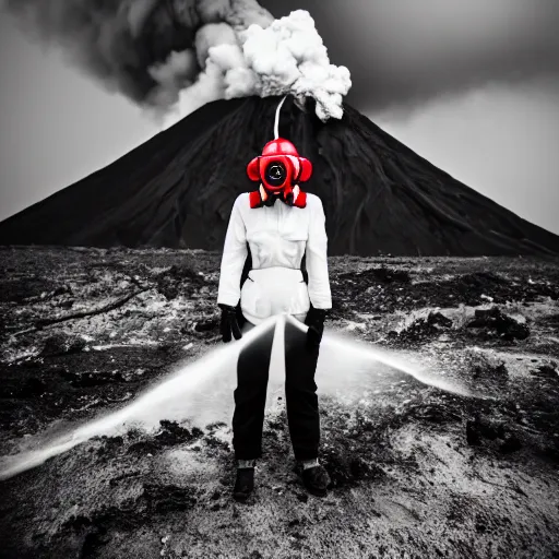 Image similar to white woman suit with red gasmask, standing close to volcano, fire raining, professional photography, black and white, cinematic, eerie