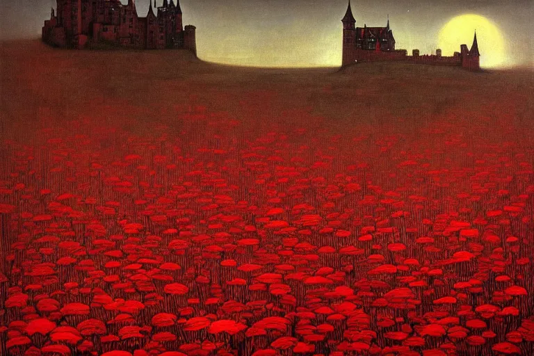 Image similar to only with red, red flowers of different types, a red tiger, a castle in the background, medieval demons dance over the flowers, an ancient path, in the style of beksinski, part by hopper, part by rodcenko, part by hofbauer, intricate composition, red by caravaggio, insanely quality, highly detailed, masterpiece, red light, artstation