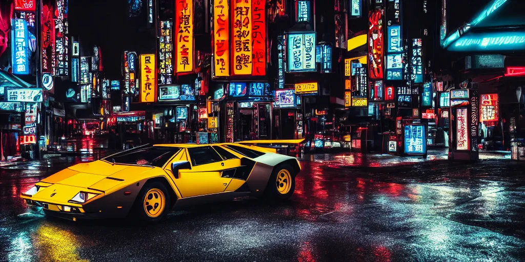 Prompt: photo lamborghini countach parked in a rainy neo tokyo street at night with neon light signs illuminating the scene, moody, hdr, 4 k