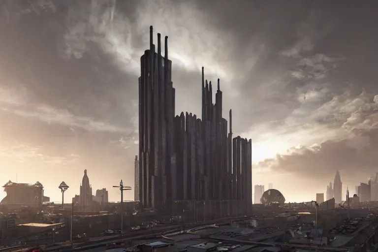 Image similar to streetscape, a towering cathedral of brutalist architecture, buildings covered with greebles, stunning volumetric light, sunset, metal, concrete and translucent material, stunning skies, majestic landscape, trending on Artstation, 8k, photorealistic, hyper detailed, unreal engine 5, IMAX quality, cinematic, epic lighting, in the style of Greg Rutkowski