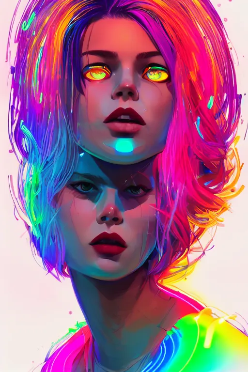 Image similar to a award winning portrait of a beautiful woman with stunning eyes in a one off shoulder croptop and cargo pants with rainbow colored hair, outlined by whirling illuminated neon lines and fine lines swirling in circles by ilya kuvshinov, digital art, trending on artstation