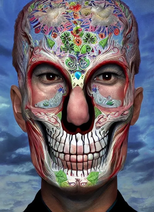 Image similar to dia de los muertos hombre theme surrealist art in the styles of igor morski, jim warren, and giuseppe mastromatteo, intricate, hyperrealistic, accurate facial details, profile picture with chromakey!!!!! background, volumetric lighting