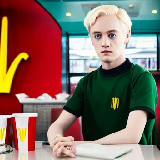 Prompt: Draco Malfoy sitting at a booth in McDonalds, McDonalds interior background, photo