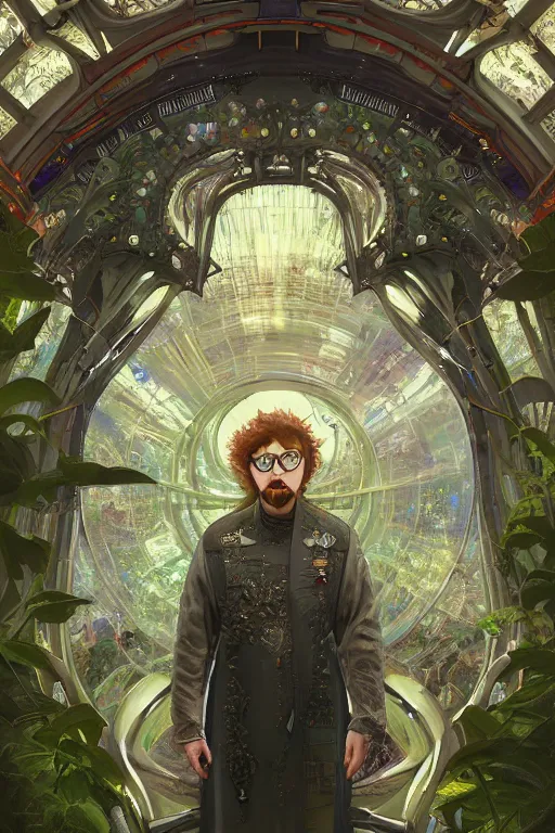 Image similar to portrait of Celestial Sam Hyde as a futuristic royal king, inside future fighter, sci-fi, fantasy, intricate, lush garden spaceship, elegant, human anatomy, royal green and nature light, highly detailed, digital painting, artstation, concept art, smooth, sharp focus, illustration, art by tian zi and WLOP and alphonse mucha