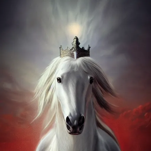 Prompt: a masterpiece matte painting of a man riding on a white horse with eyes like flames!, many crowns!! upon his head, a robe dipped in blood!, by gustav dore and paul barson, 8 k, uhd, cgsociety, trending on artstation, coruscation, crepuscular