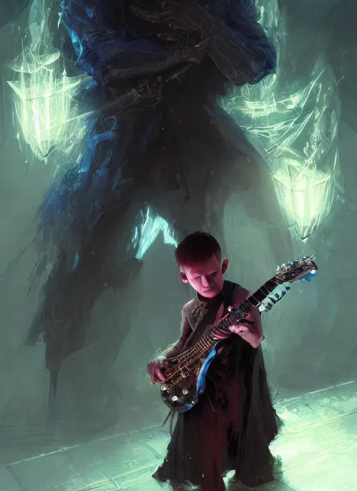 Image similar to fantasy changeling kid playing electric guitar, dim light, front game card, marvel comics, dark, intricate, highly detailed, smooth, artstation, digital illustration by ruan jia and mandy jurgens and artgerm and wayne barlowe and greg rutkowski and zdislav beksinski