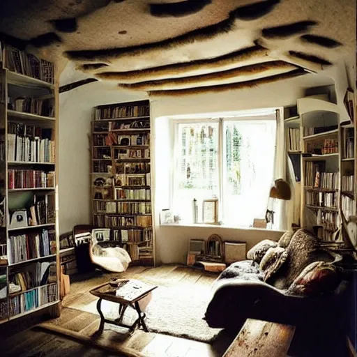 Prompt: cosy house interior with a lot of book everywhere, beautiful lighting, weird atmosphere