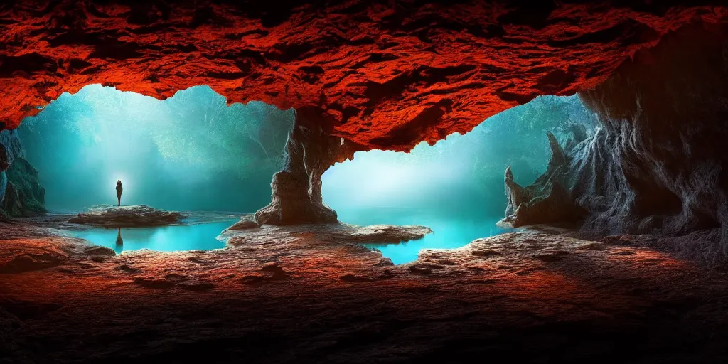 Prompt: lake in underground cave landscape. cave. cavern. fantasy magic style. highly detailed 8 k. intricate. lifelike. epic. movie poster. soft light. volumetric light. sony a 7 r iv 5 5 mm. cinematic post - processing