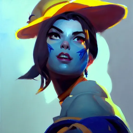 Image similar to greg manchess portrait painting of abigale shapiro as overwatch character, medium shot, asymmetrical, profile picture, organic painting, sunny day, matte painting, bold shapes, hard edges, street art, trending on artstation, by huang guangjian and gil elvgren and sachin teng