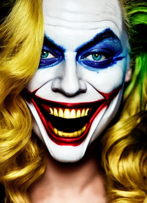 Image similar to photo of Margot Robbie as the Joker by Mario Testino, head shot, detailed, award winning, Sony a7R