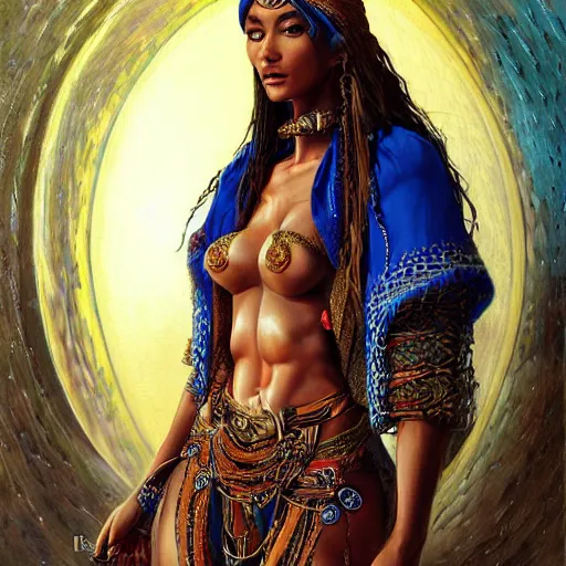 Image similar to a full body beautiful touareg woman by karol bak, ayami kojima, artgerm, sakimichan, arabian beauty, blue eyes, smile, concept art, fantasy