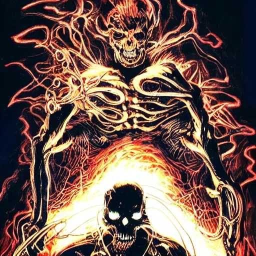 Prompt: demonic cyberpunk ghost rider swinging a barbed wire whip, extremely detailed concept art, terrifying masterpiece, maximalist, neo-expressionist, full body portrait, black background, lots of flames, horror, by Frank Miller, by Bernie Wrightson, by Giger, by Julie Taymor