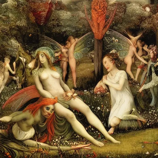 Prompt: fairy meadow by Richard Dadd, British fairy painting, exquisite, highly detailed, Henry Fuseli, William Blake