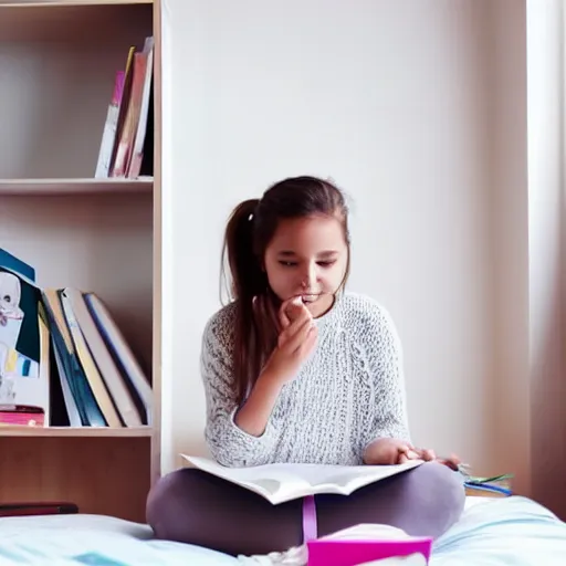 Image similar to Girl studying in her room while listening to music.