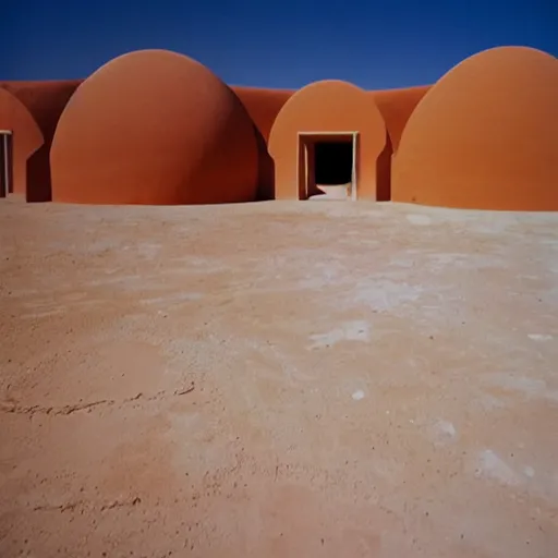 Image similar to a Non-Euclidean orb-like clay building sitting in the desert, vintage photo, beautiful cinematography, blue sky, film grain, extreme wide shot, far away, symmetrical, in the distance, James Turrell