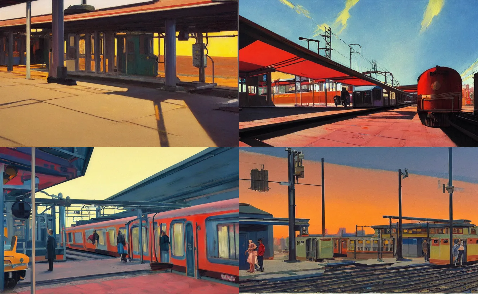 Prompt: sunrise at a graffitied city train station, painting by Syd Mead and Edward Hopper