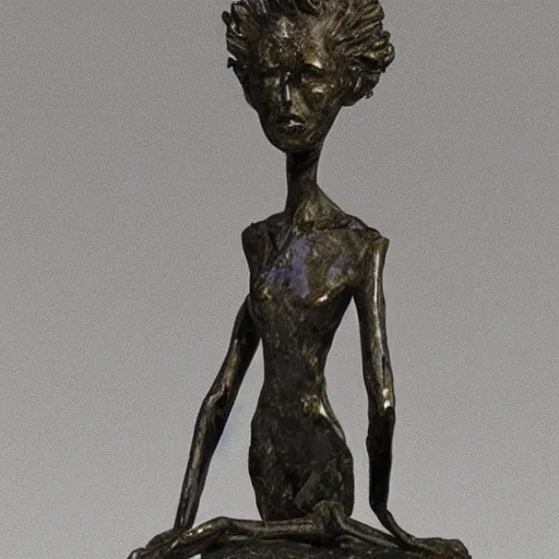 Prompt: melting metal statue of manon and gregoire, giacometti