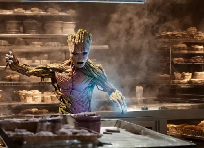 Prompt: film still of Groot working as a pastry chef in the new guardians of the galaxy movie, 4k