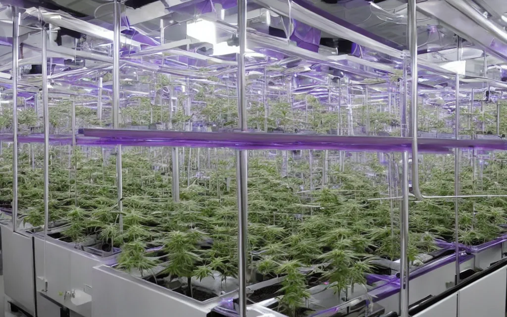 Prompt: purple light laboratory for growing marijuana, marijuana is in plant incubator made of glass, stainless steel, precision instruments and screens.
