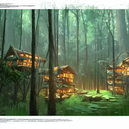 Image similar to concept art painting of treehouses made out of trees, trees with doors and windows in a deep forest, realistic, detailed, cel shaded, in the style of makoto shinkai and greg rutkowski and james gurney