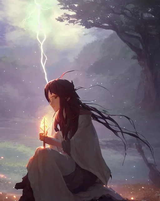 Image similar to concept art of a powerful elvish druid summoning a lightning storm, key visual, ambient lighting, highly detailed, digital painting, artstation, concept art, sharp focus, by makoto shinkai and akihiko yoshida and hidari and wlop