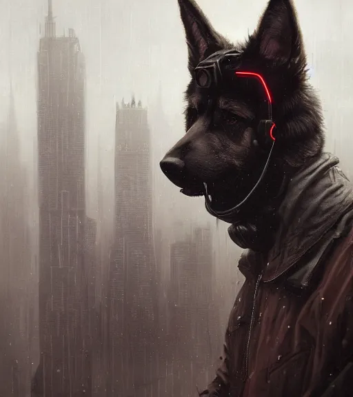 Image similar to new york city portrait of furry anthro anthropomorphic german shepard head animal person fursona wearing clothes strange cybernetic muzzle gloomy rainy cyberpunk digital art by Greg Rutkowski, Simon Stalenhag, christopher nolan trending on Artstation, CGSociety