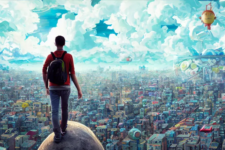 Prompt: a young man with a survivor backpack walking on clouds away from the camera perfectly centered above post - apocalyptic city by takashi murakami, beeple and james jean, aya takano color style, 4 k, super detailed, modern, 4 k, symmetrical