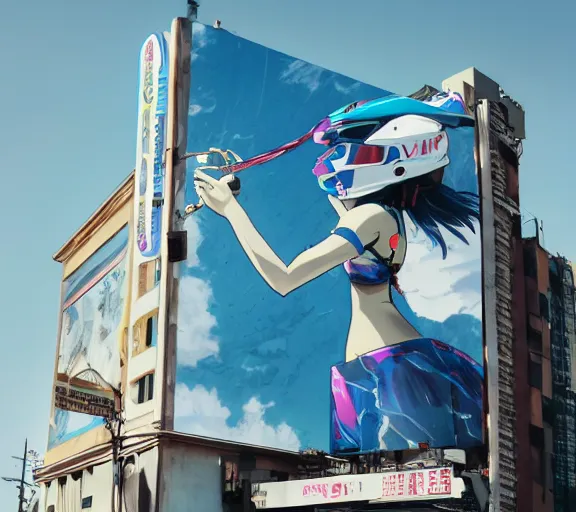 Image similar to billboard advertisement with an extremely beautiful photo of a white marble statue of an anime girl with colorful motocross logos and motorcycle helmet with closed visor, colorful smoke in the background, carved marble statue, fine art, neon genesis evangelion, virgil abloh, offwhite, denoise, highly detailed, 8 k, hyperreal