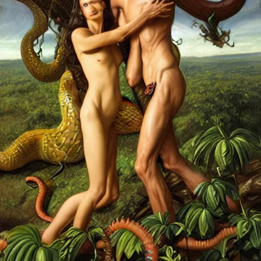 Prompt: God very angry in the Garden of Eden. Adam and Eve look very guilty and the snake is leaving the scene quietly - elegant, highly detailed, centered, digital painting, artstation, concept art, artgerm, donato giancola, Joseph Christian Leyendecker, WLOP, Boris Vallejo, Artgerm