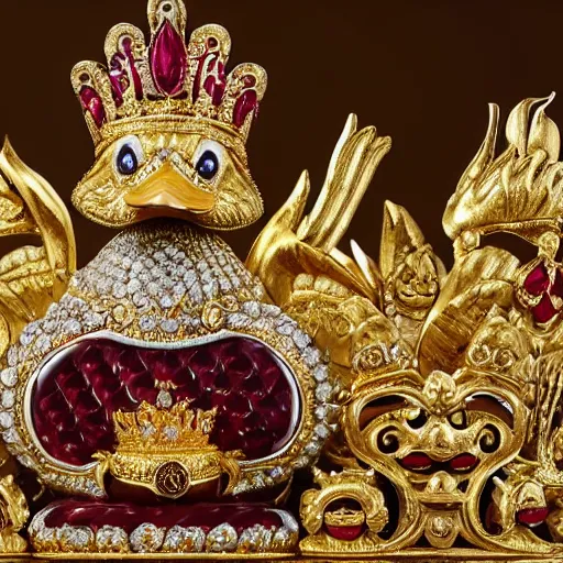 Image similar to a real duck king sitting on a gold throne decorated with many rubies and diamonds, detailed duck, duck king is wearing a gold crown and gold necklace, super realistic, 8k