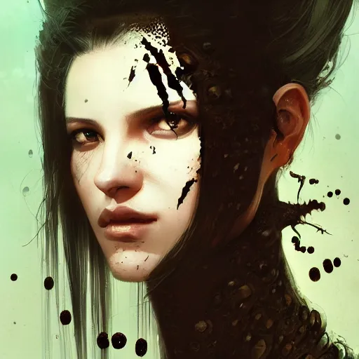 Image similar to portrait of a woman with long black hair and insects coming out of holes in her skin, trypophobia, dramatic lighting, illustration by Greg rutkowski, yoji shinkawa, 4k, digital art, concept art, trending on artstation