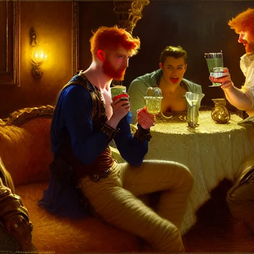 Image similar to attractive male mike with ginger hair and attractive male tyler with brunet hair, drinking their hearts out, in their noble mansion, at night. highly detailed painting by gaston bussiere, craig mullins, donato giancola, j. c. leyendecker 8 k