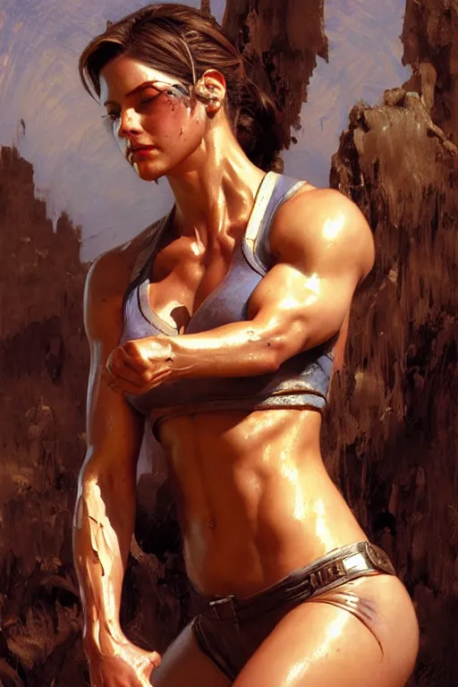 Image similar to muscular sweat jill valentine, covers with mud exhausted face close up, highly detailed painting by gaston bussiere, craig mullins, j. c. leyendecker 8 k