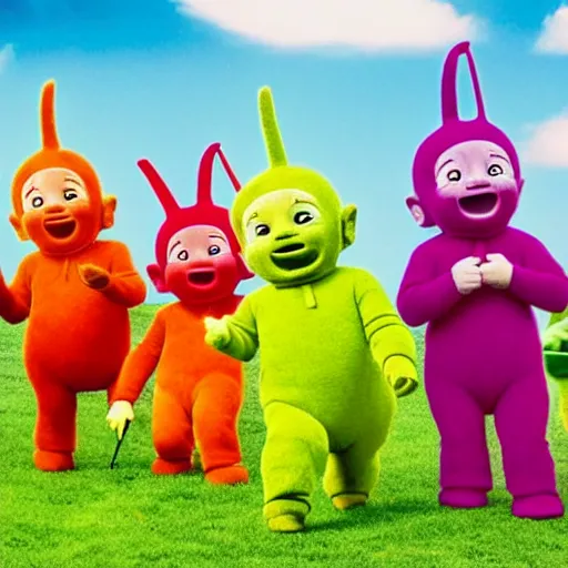 Prompt: teletubbies burying a man alive