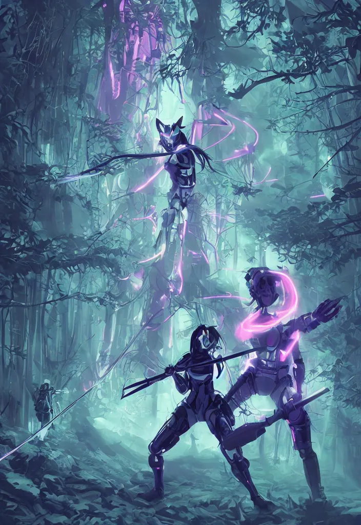 Prompt: , woman with illuminated katana and robot soldier with neon gloves fighting a shadow creature in the forest at night, grand scale , digital effects fantasy ,digital art, illustration, stylized, cel shaded