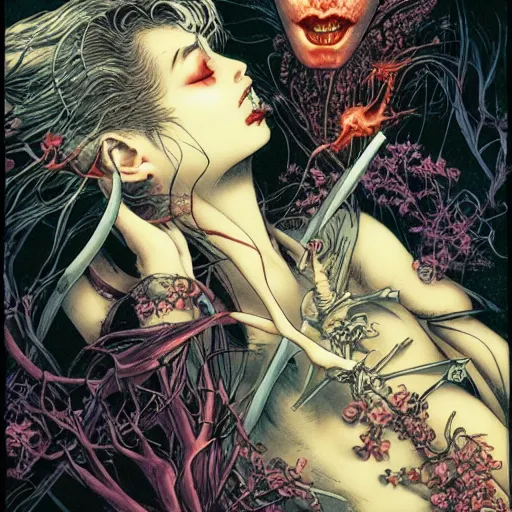 Image similar to closeup of vampire kiss, by yoichi hatakenaka, masamune shirow, josan gonzales and dan mumford, ayami kojima, takato yamamoto, karol bak