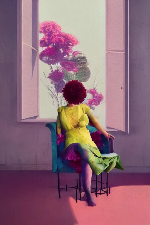 Prompt: closeup, massive flower head, woman sitting on lounge chair by a modern window, surreal photography, studio light, impressionist painting, digital painting, artstation, simon stalenhag