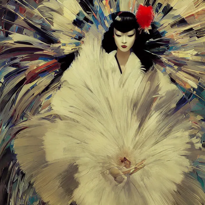 Prompt: feathered geisha, full body, high fashion, futurist, aerodynamic, fragile, intricate, slick, highly detailed, digital painting, neotenous, concept art, smooth, sharp focus, hd, art by syd mead and john berkey and annie leibovitz