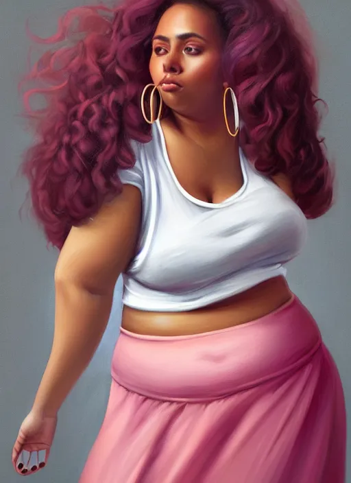 Prompt: full body portrait, teenage vanessa morgan, pink hair, brown skin, obese, curly pixie hair, sultry, realistic, short hair, hoop earrings, skirt, shirt, fat, belly, intricate, elegant, highly detailed, digital painting, artstation, concept art, smooth, sharp focus, illustration, art by wlop, mars ravelo and greg rutkowski