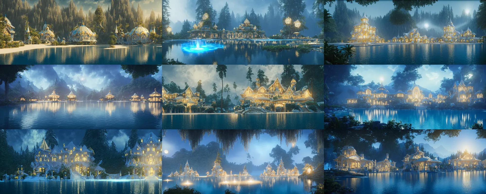 Prompt: a gorgeous symmetrical paradise palace, starlit, lakes, fantasy, fairy tale, artstation, matte painting, artstation, octane render, caleb worcester, samuel beal. ultra clear detailed. white, deep blue and light gold color scheme.