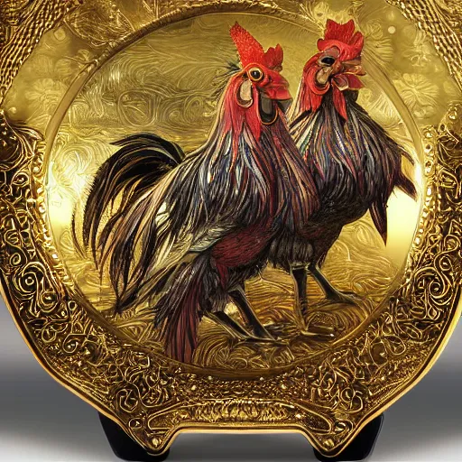 Image similar to fantasy art 4 k photo of roosters in very detailed shiny plate armor engraved in gold ready for battle