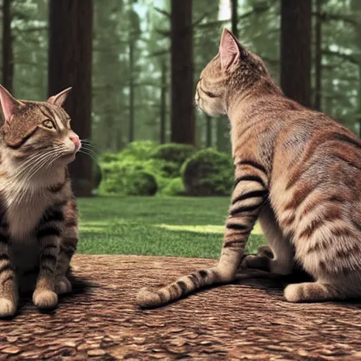 Prompt: movie still of two cats arguing in the forest, cgi