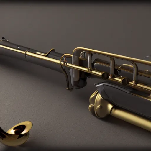 Image similar to trumpet gun, a trumpet with a trigger, magazine, and stock, high quality, unreal engine 5 render, high quality render, octane render, photo realistic, ultra detail, cinematic lighting, realistic