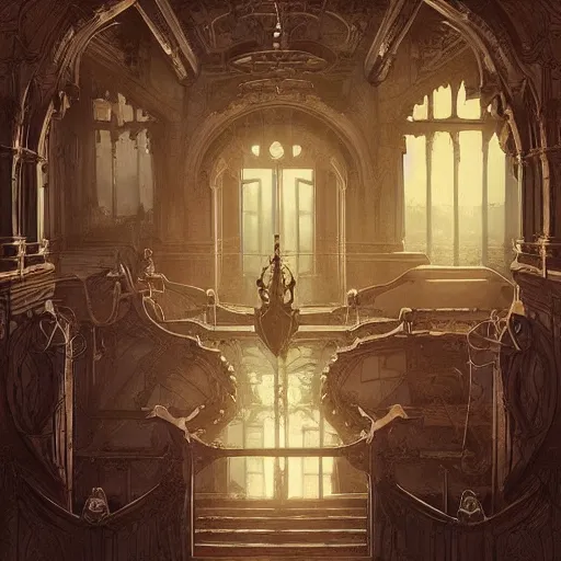 Image similar to intricate detailed victorian goth interior of a vintage 1 9 7 0 s hospital by peter mohrbacher and dan mumford, cgsociety