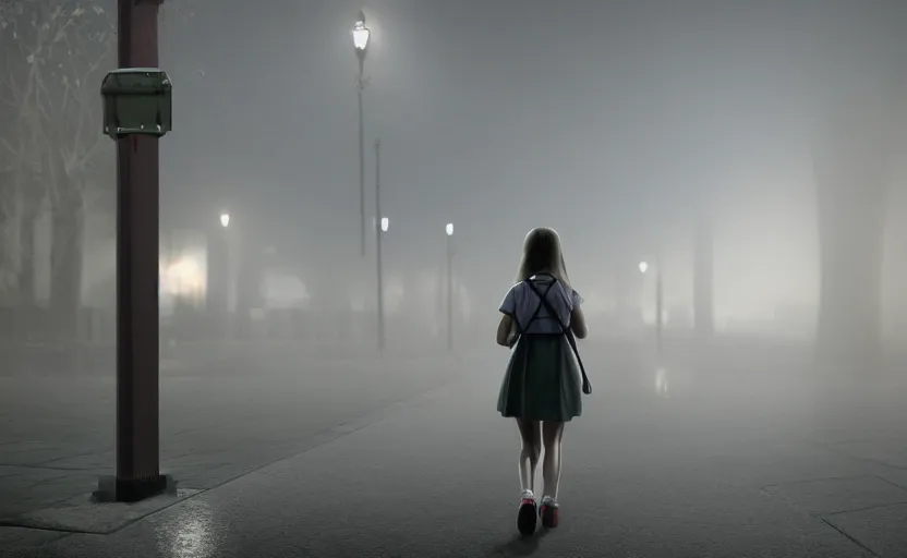 Image similar to school girl walking at night, gloomy and foggy atmosphere, octane render, cgsociety, artstation trending, horror scene, highly detailded