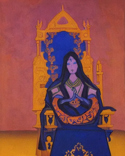 Image similar to an illustration of a queen on a throne at night by nicholas roerich, realistic, detailed, oil painting, 1 9 th