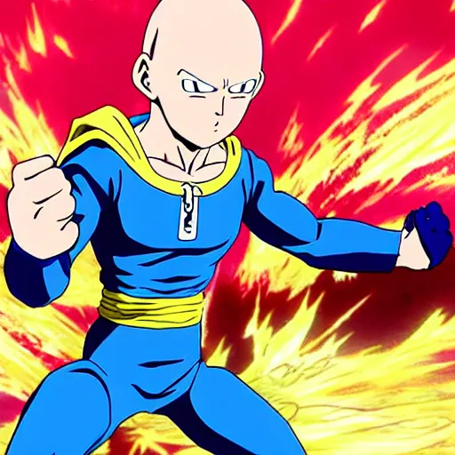 Prompt: saitama from one punch man fighting with buu from dragon ball z, anime style