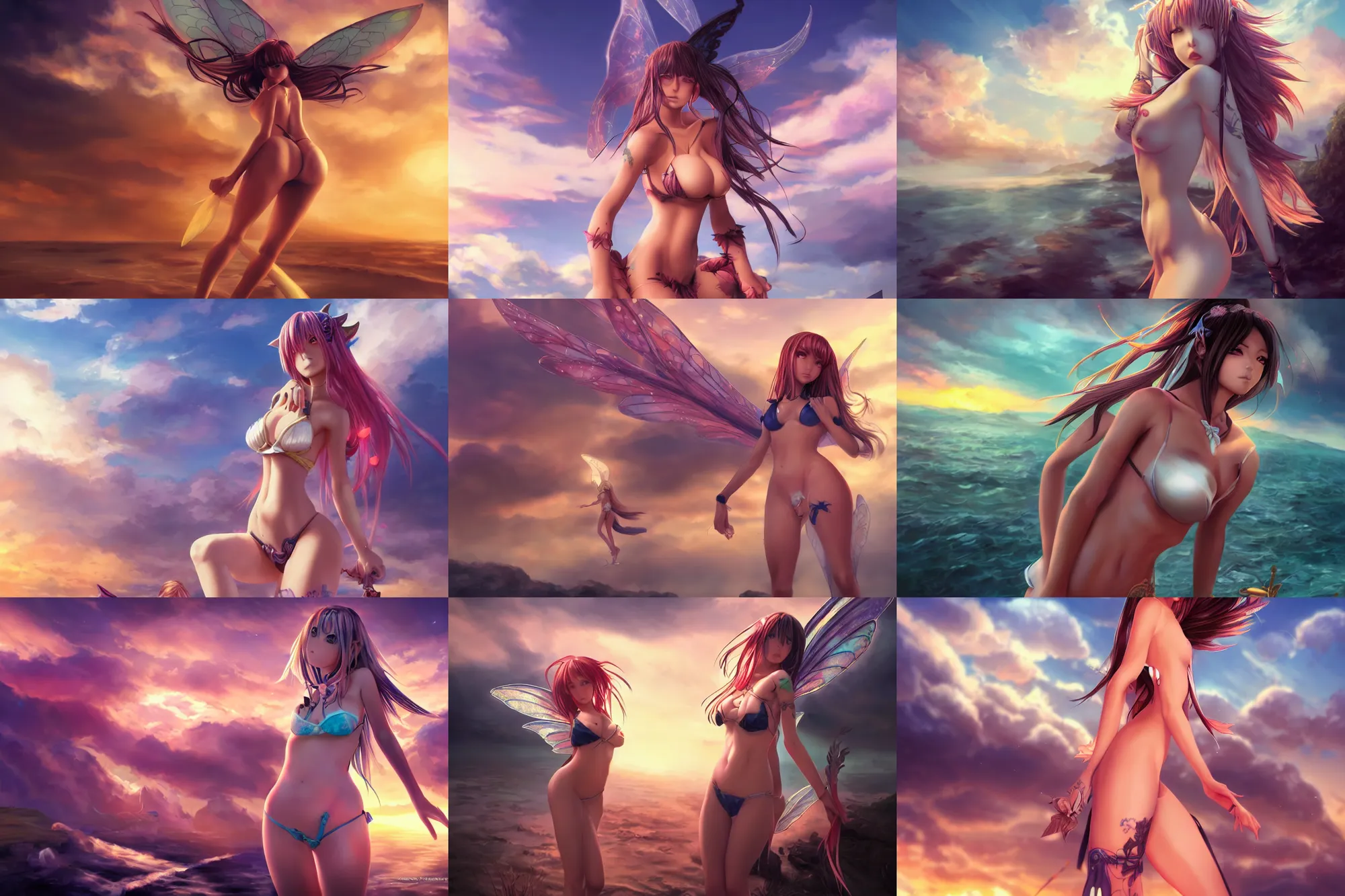 Prompt: front shot of a sexy anime fairy girl in micro bikini with norse tattoos, manga, digital art by wlop, mandy jurgens, artstation contest winner, cinematic paint. dramatic cloud in background. sunset