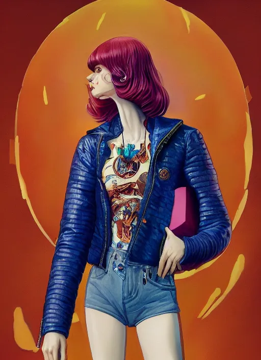 Image similar to skintight leather jacket : : by martine johanna and simon stalenhag and chie yoshii and casey weldon and wlop : : ornate, dynamic, particulate, rich colors, intricate, elegant, highly detailed, centered, artstation, smooth, sharp focus, octane render, 3 d