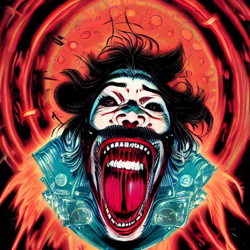 Image similar to portrait of crazy screaming post malone with red eyes like hal 9 0 0 0, as vampire, symmetrical, by yoichi hatakenaka, masamune shirow, josan gonzales and dan mumford, ayami kojima, takato yamamoto, barclay shaw, karol bak, yukito kishiro